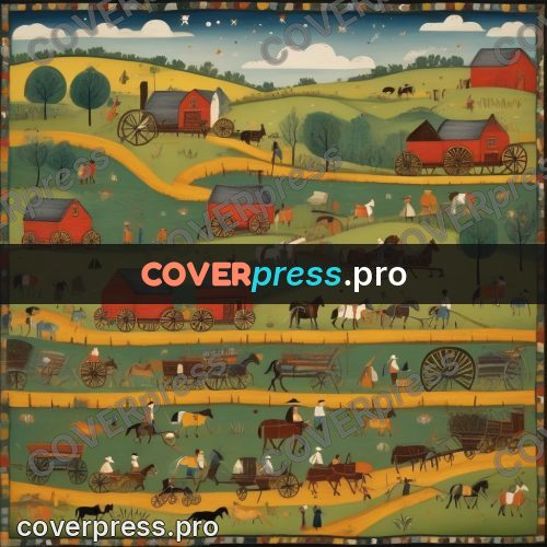 Folk art illustration: carts and horses in the fields