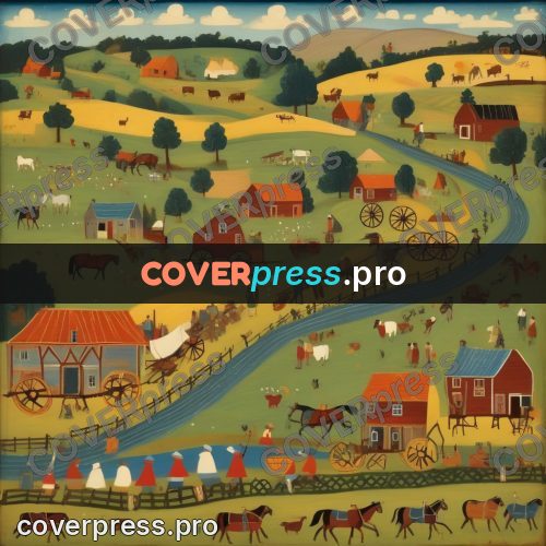 Folk art illustration: carts and horses in the fields