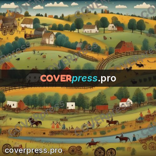 Folk art illustration: carts and horses in the fields