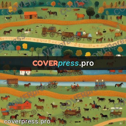 Folk art illustration: carts and horses in the fields