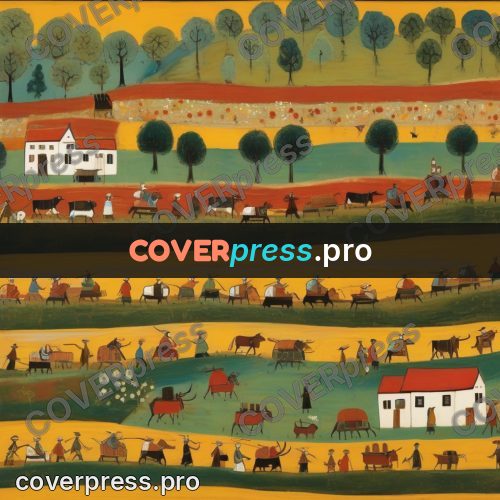 Folk art illustration: fields with people and cattle