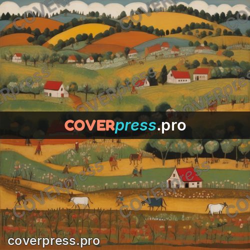 Folk art illustration: fields with people and cattle