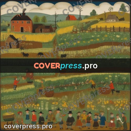 Folk art illustration: tiers of fields with workers