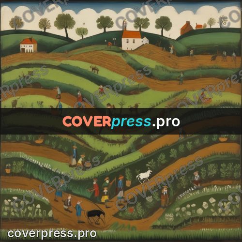 Folk art illustration: tiers of fields with workers