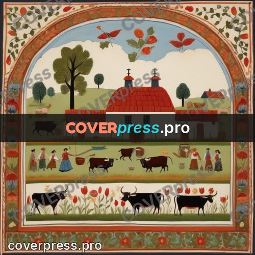 Folk art illustration: whitewashed barn with oxen