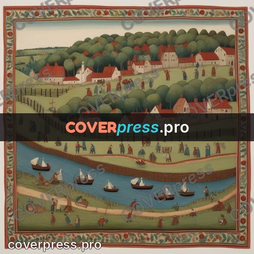 Folk art illustration: river with boats by a village