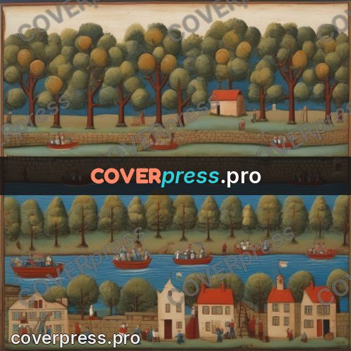 Folk art illustration: river with boats by a village