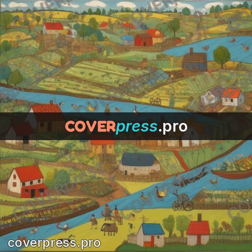 Folk art illustration: village with gardens by a river