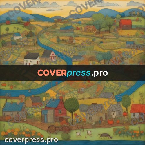 Folk art illustration: village with gardens by a river