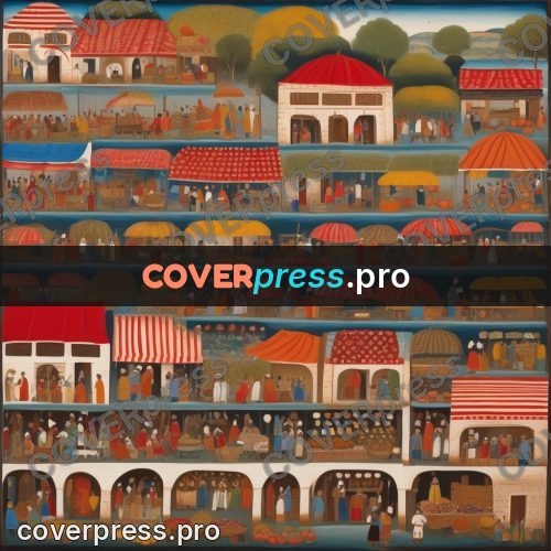 Folk art illustration: market rows under awnings