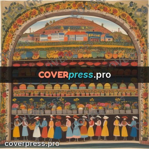 Folk art illustration: shelves with goods and baskets