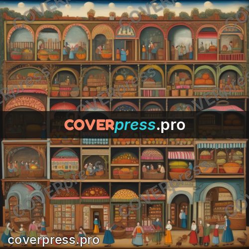 Folk art illustration: shelves with goods and baskets