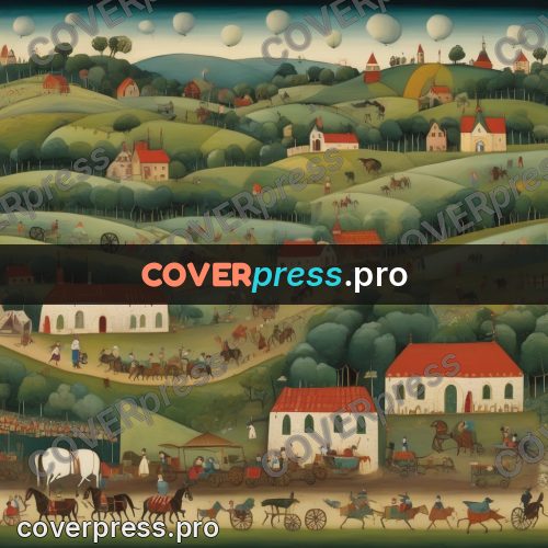 Folk art illustration: hills with houses and carts