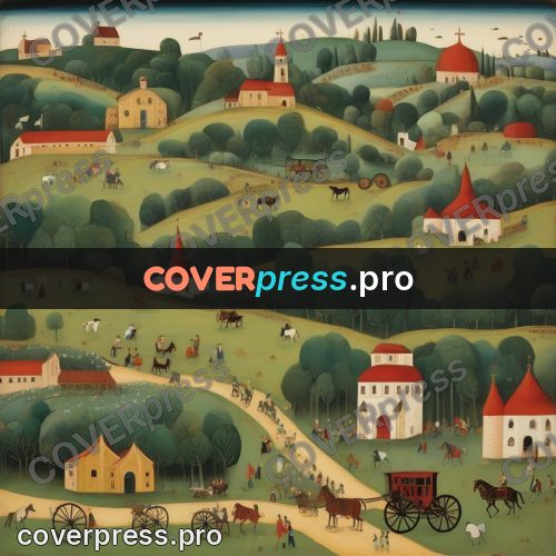 Folk art illustration: hills with houses and carts