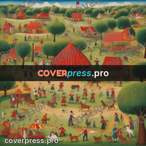 Folk art illustration: fair tent on a meadow