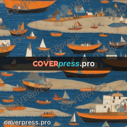 Folk art illustration: orange boats on the water