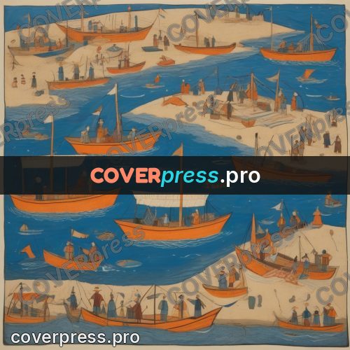 Folk art illustration: orange boats on the water