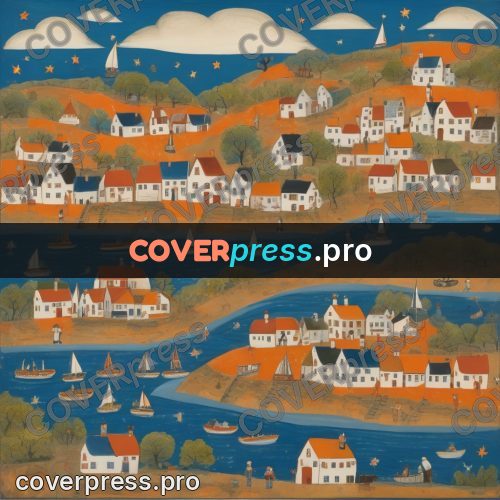 Folk art illustration: seaside village with boats