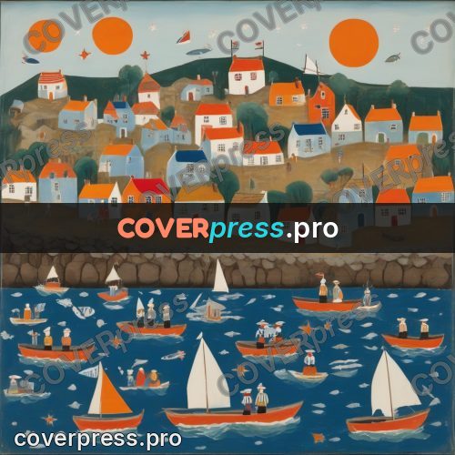 Folk art illustration: seaside village with boats