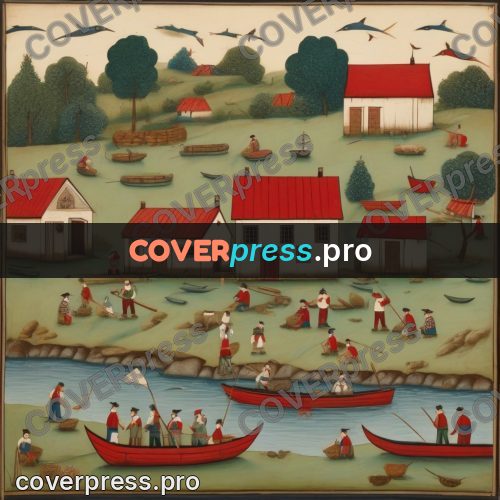 Folk art illustration: village by a river with boats