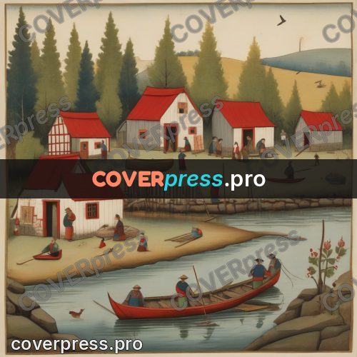 Folk art illustration: village by a river with boats