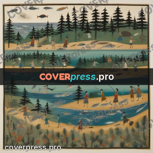 Folk art illustration: fishermen and fish by a river