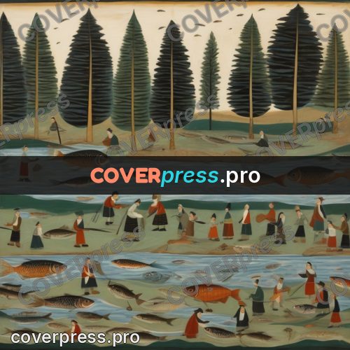 Folk art illustration: fishermen and fish by a river