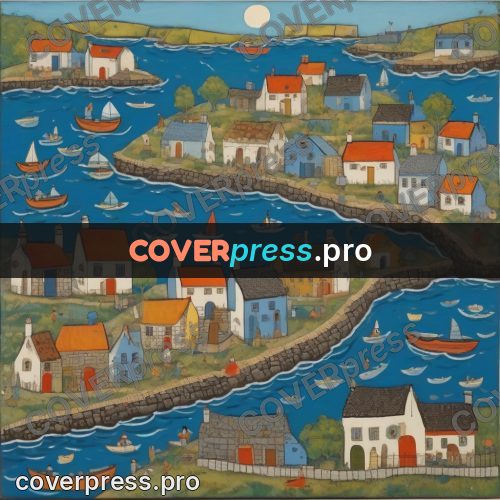 Folk art illustration: houses on a stony shore