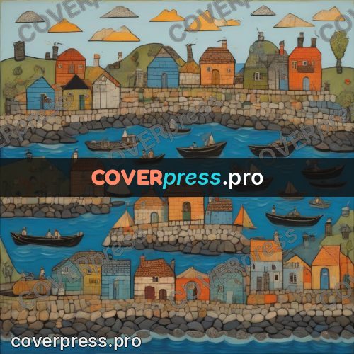 Folk art illustration: houses on a stony shore
