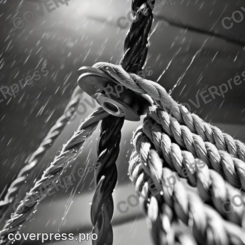 В стиле Нуар 40-х: мокрая скрученная верёвка на вороте колодца, с неё срывается капля