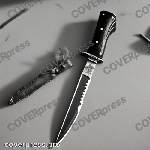 В стиле Нуар 40-х: полукруглый нож лежит на срезанных лоскутах кожи, по вороненой стали тянется тонкая белая
