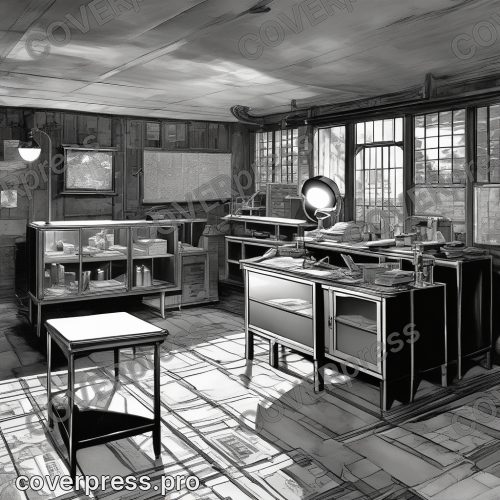 В стиле Нуар 40-х: тёмный подвальный зал картографического отдела, единственное светлое пятно