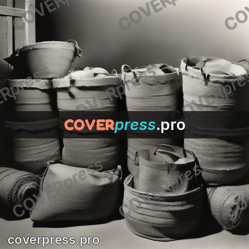 Black and white photo: sacks and baskets by a wall