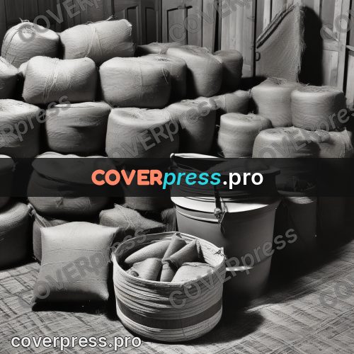 Black and white photo: sacks and baskets by a wall