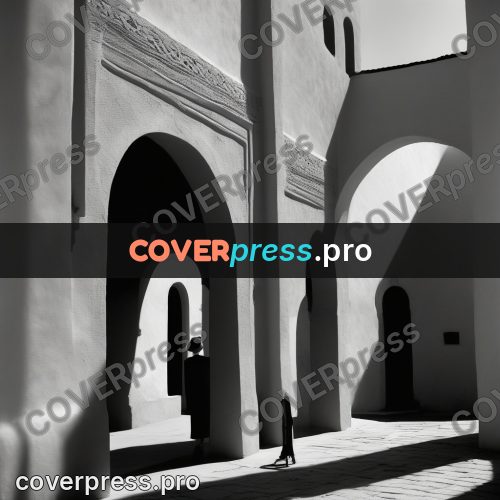 Black and white photo: shadows of columns on a courtyard