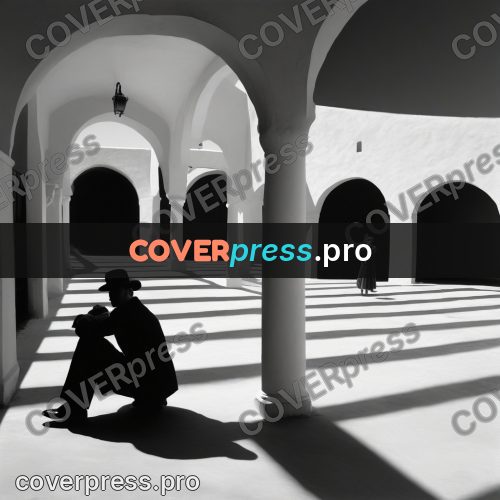 Black and white photo: shadows of columns on a courtyard