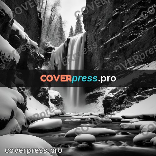 Black and white photo: frozen waterfall in a gorge