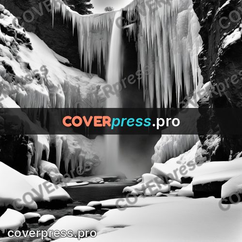 Black and white photo: frozen waterfall in a gorge