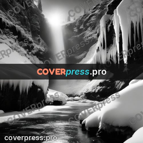 Black and white photo: frozen waterfall in a gorge