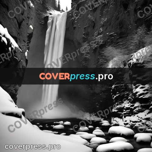 Black and white photo: frozen waterfall in a gorge