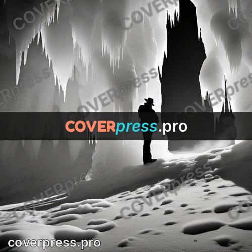 Black and white photo: figure in an ice cave