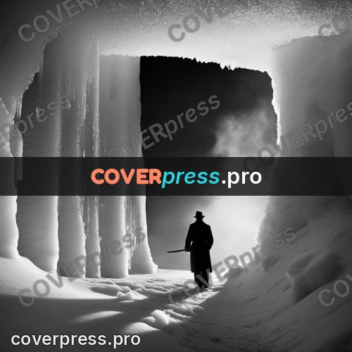 Black and white photo: figure in an ice cave