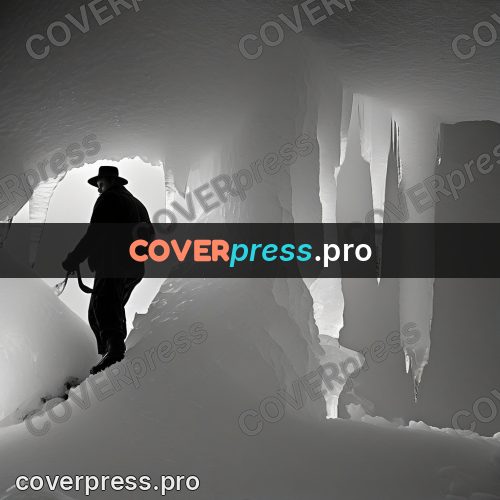 Black and white photo: figure in an ice cave