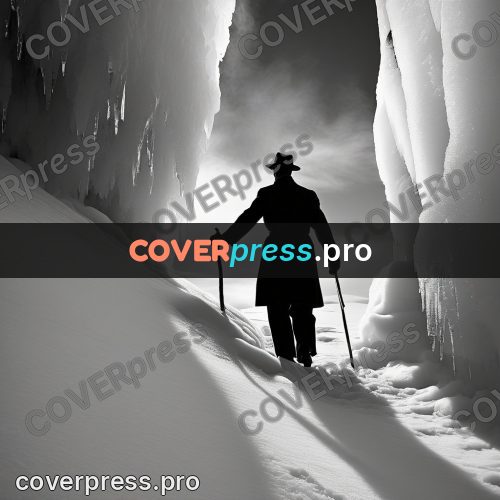 Black and white photo: figure in an ice cave