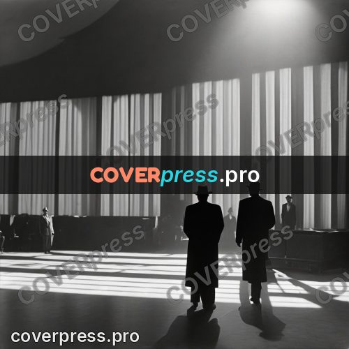 Black and white photo: figures in bands of light