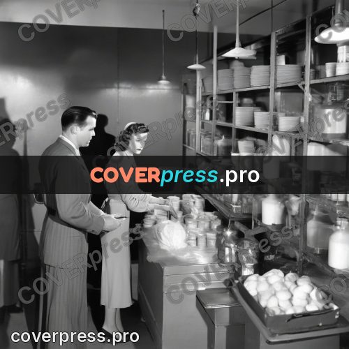 Black and white photo: workers by the shelves