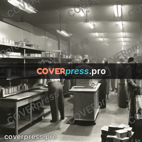 Black and white photo: workers by the shelves