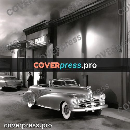 Black and white photo: old car on a night street