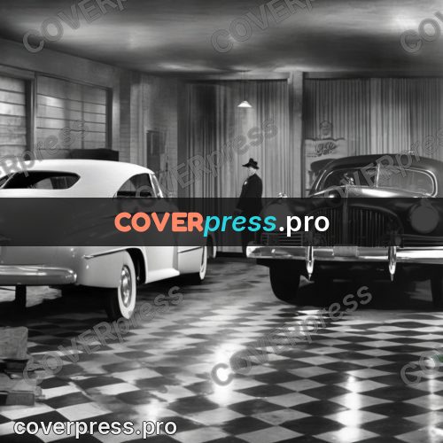 Black and white photo: old car on a night street