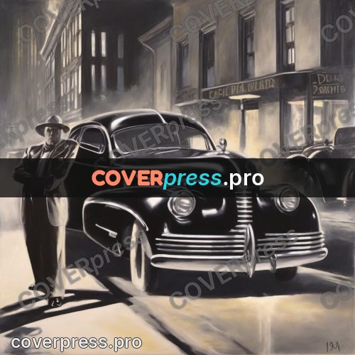 Black and white photo: old car on a night street
